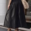 High Waist Black Faux Leather Smocked Mid-Length Umbrella Skirt