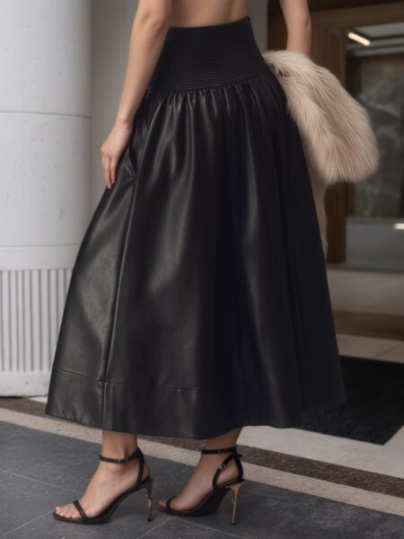 High Waist Black Faux Leather Smocked Mid-Length Umbrella Skirt