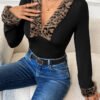 Retro Leopard Print Stitching V-Neck Long Sleeve Jumpsuit