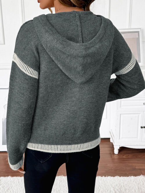 Loose V-Neck Contrast Trim Hooded Sweater for Casual Autumn Style