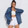 WOMEN CLOTHING LONG SLEEVE RIPPED DENIM JACKET