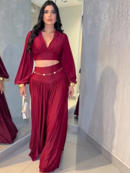 Cropped Pleated Short Sleeve Top & Wide-Leg Summer Pants Set