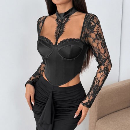 Satin Lace Halter Boning Corset Top with Slim Long Sleeves