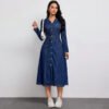 Women Clothing Denim Waist Slimming Thin High Class Elegant Anti Aging Long Sleeves Dress