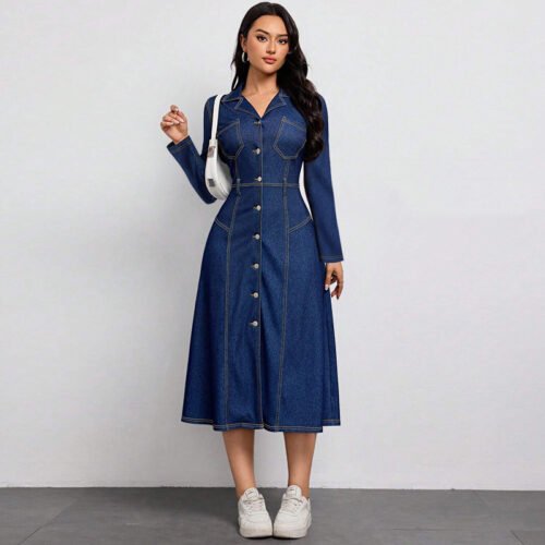 Women Clothing Denim Waist Slimming Thin High Class Elegant Anti Aging Long Sleeves Dress