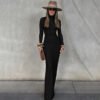 FALL WOMEN SOLID COLOR HIGH COLLAR SLIM PLEATED LONG SLEEVE DRESS
