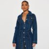 Long Sleeve Denim Jacket-Inspired Mid Length Dress for Women