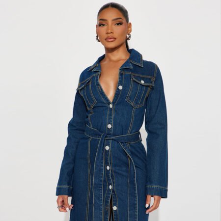 Long Sleeve Denim Jacket-Inspired Mid Length Dress for Women