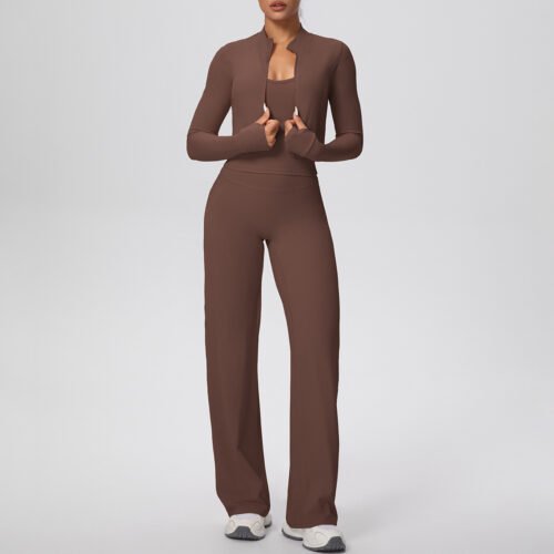 SOLID COLOR ZIP JACKET YOGA THREE-PIECE SET