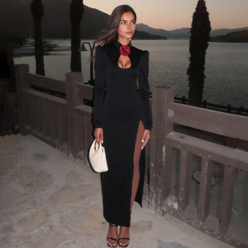 Fall Cutout High-Slit Long-Sleeve Stand Collar Dress