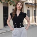 Elegant Simple Black V-Neck Laminated Sleeveless Vest with Cross Collar & Pearl Buckles