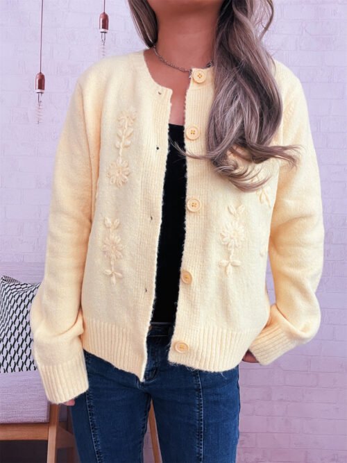Autumn Winter Floral Embroidered Solid Color Knitted Cardigan
