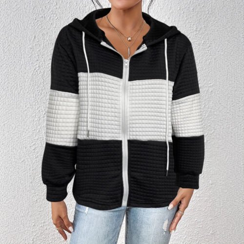 Contrast Color Plaid Long Sleeve Casual Hoodie