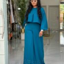 Spring Summer Asymmetric Bishop Sleeve Top & Beaded Wide-Leg Pants Two Piece Set
