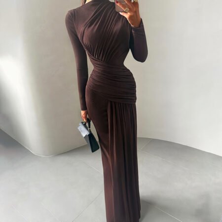 Pleated Round Neck Slim Fit Long Sleeve Dress for Fall Winter