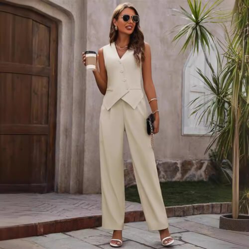 High-Grade Office Vest Suit & Elastic Waist Work Pants Set for Women