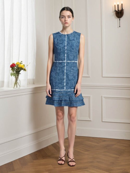 Sleeveless Printed Blue Denim One-Piece Dress for Women