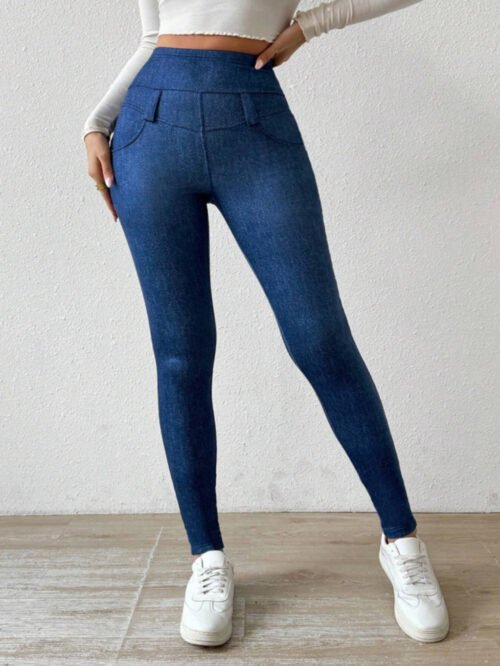 Artificial Denim Casual Pants Women High Waist Slimming Fleece Lined Padded Warm Keeping Hip Lifting with Pocket Commuting