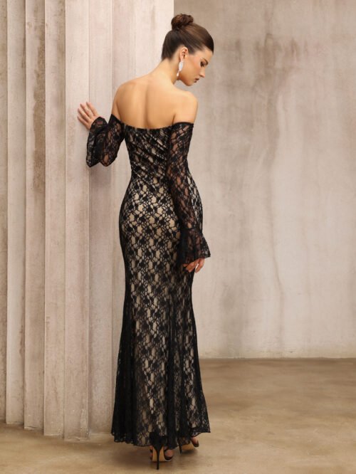 French Lace Off-Shoulder Long-Sleeve Slim Dress