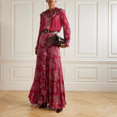 Vintage Printed Chiffon Shirt & Ruffled Maxi Skirt Set