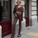Sexy Collared Crop Top & Faux Leather High-Waist Pants Two Piece Set