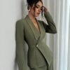 Olive Green Waist Cinched Office Chic Two Piece Pants Set