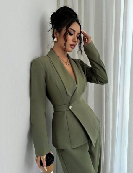 Olive Green Waist Cinched Office Chic Two Piece Pants Set