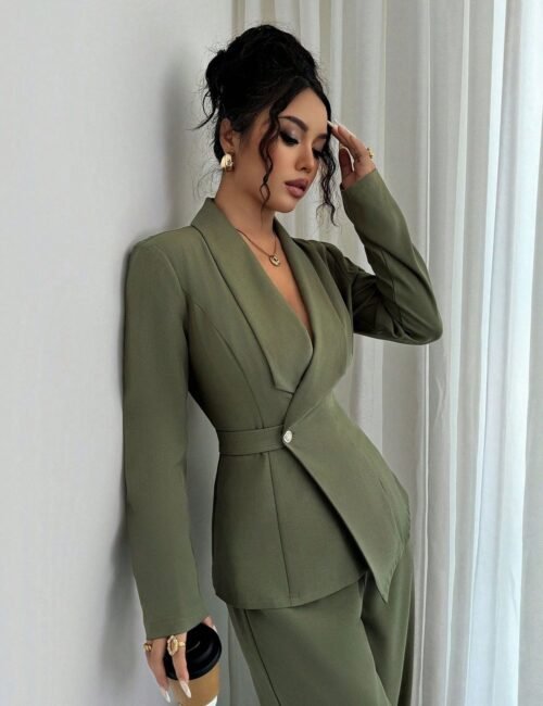 Olive Green Waist Cinched Office Chic Two Piece Pants Set
