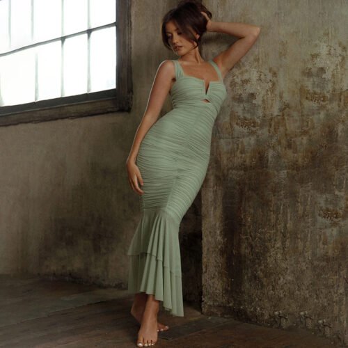 Elegant Lace-Up Maxi Dress Sexy Backless Pleated Sheath Dress