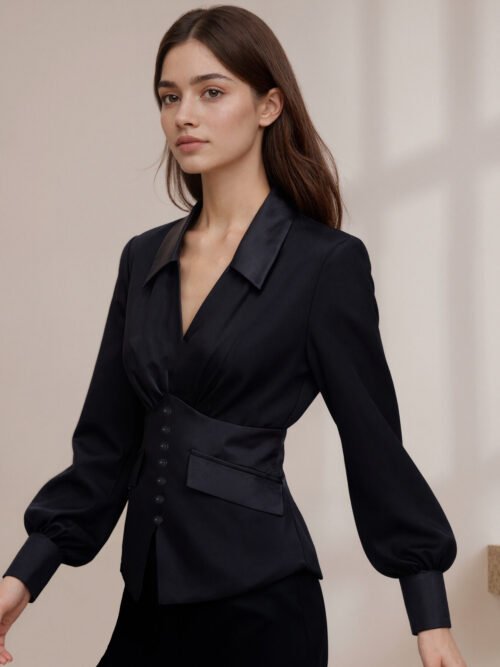 French Pleated V-Neck Puff Sleeve Long Sleeve Top for Autumn