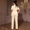 Collared Hollow-Out Lace-Up Waist Shirt & Straight-Leg Pants Set