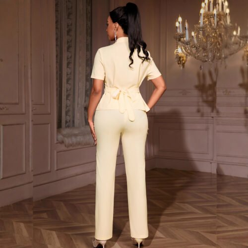 Collared Hollow-Out Lace-Up Waist Shirt & Straight-Leg Pants Set