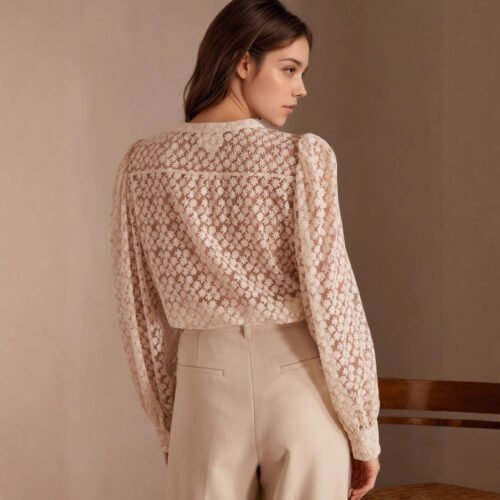 Autumn Floral Lace Hollow Out Round Neck Top for Women