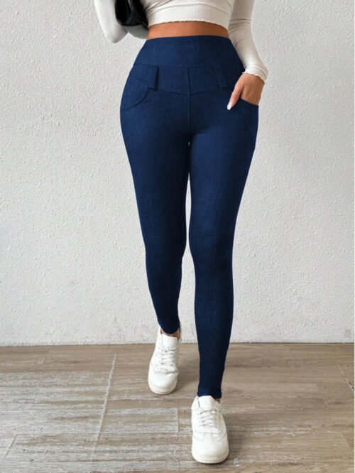 Artificial Denim Casual Pants Women High Waist Slimming Fleece Lined Padded Warm Keeping Hip Lifting with Pocket Commuting