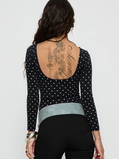 Backless Polka Dot Slim Fit Long Sleeve Top for Autumn Winter