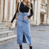 High Waist Split Slim Fit Sheath Denim Skirt for Women