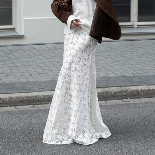 Elegant White Lace Fishtail Maxi Skirt for Beach & Autumn Styling