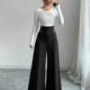 Black High Waist Wide Leg Pants with Metal Fastener – Office Professional Trousers