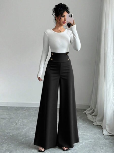 Black High Waist Wide Leg Pants with Metal Fastener – Office Professional Trousers