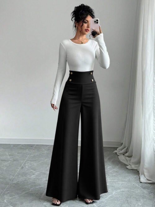 Black High Waist Wide Leg Pants with Metal Fastener – Office Professional Trousers