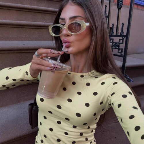 Slim Fit Polka Dot Long Sleeve Round Neck Top for Autumn