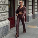 Autumn Winter Sexy Collared Crop Top & High-Waist Faux Leather Trousers Set
