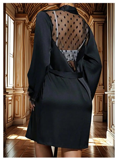 Sexy Satin Backless Nightgown with Lace Cuffs & Mesh Detail