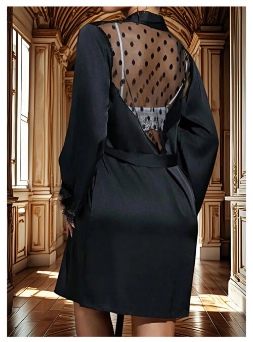 Sexy Satin Backless Nightgown with Lace Cuffs & Mesh Detail