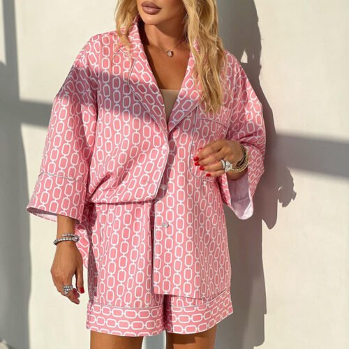 Casual Collared Shirt & Printed Loose Shorts Two-Piece Set