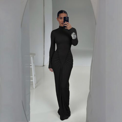 Elegant High Collar Pleated Slim Fit Long Sleeve Dress for Fall