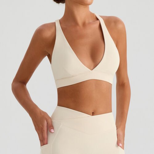 Deep V Nude-Feel Cross-Back Push-Up Sports Bra for Women