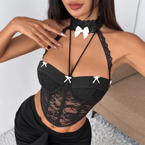 Pure Sexy Lace Halter Bow Steel Ring Boning Corset Inner Wear Sling Top