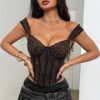 Sexy Leopard Print Lace-Up Deep V Plunge Sequin Boning Corset Cotton Vest