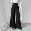 Slimming Black High Waist Wide Leg Office Pants with Metal Fastener